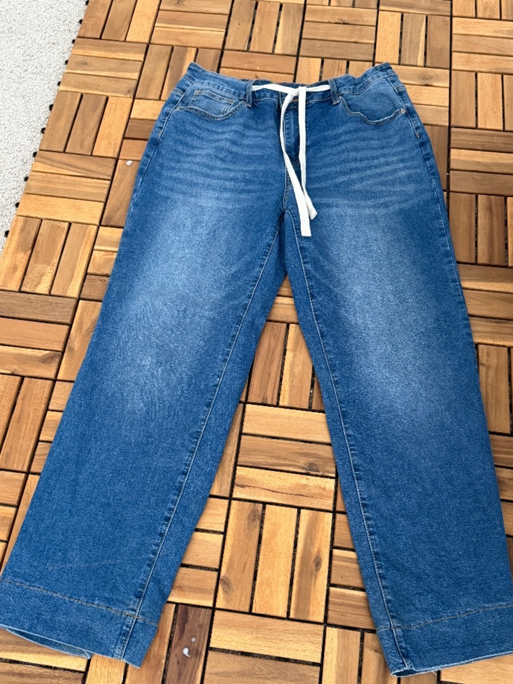 Sidefeel High Waisted Drawstring Straight Leg Jeans Size 14 Medium Wash
